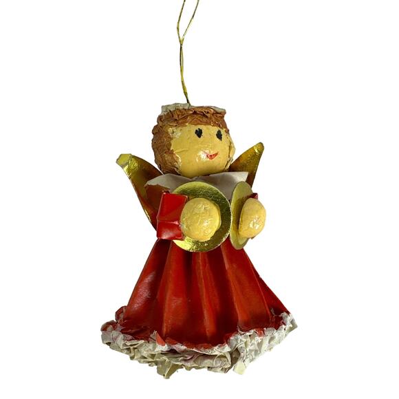Paper Mâché Vintage Red Angel with Symbols 4” Christmas Tree Ornament - Picture 1 of 7